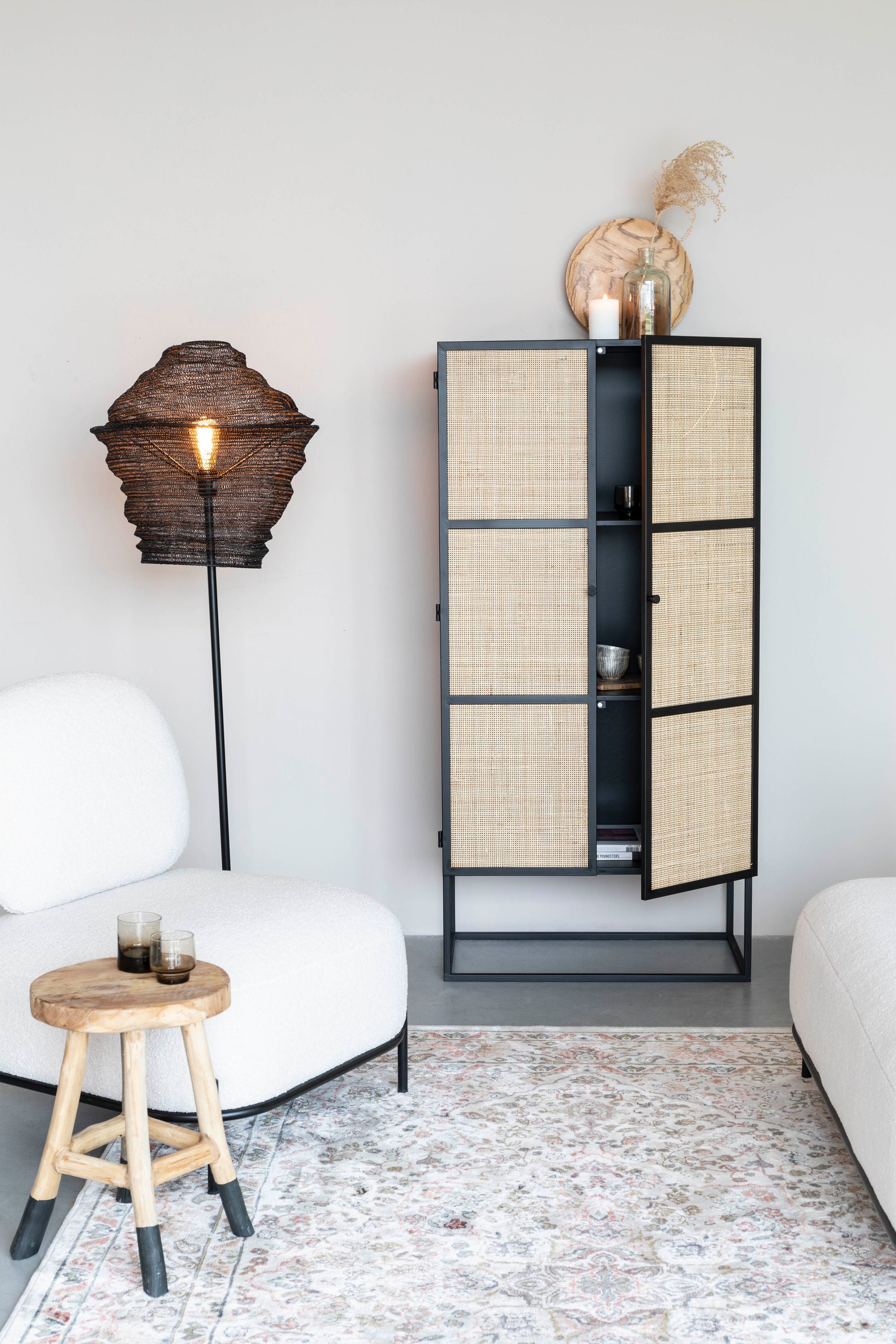 Guuji Black Wood & Natural Rattan High Cabinet | 2 Doors